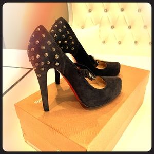 Louboutin Mary Janes, Gray Suede leather with Stud